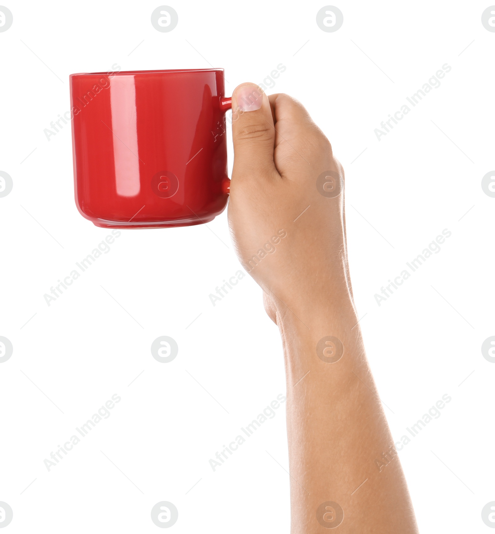 Photo of Woman holding red cup on white background, closeup