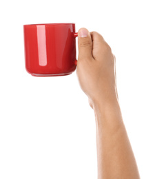 Photo of Woman holding red cup on white background, closeup