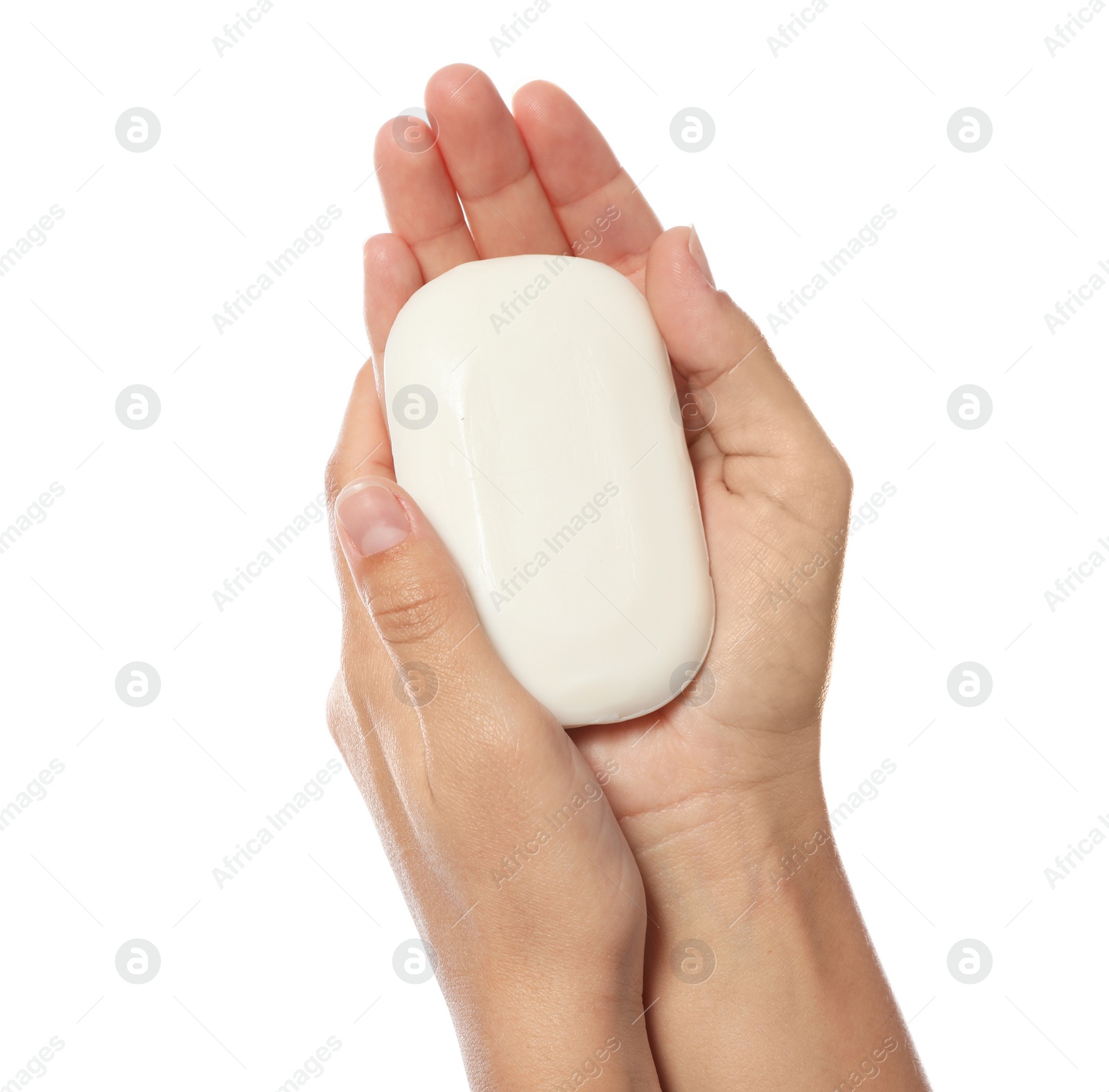 Photo of Woman holding soap bar on white background, closeup