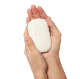 Photo of Woman holding soap bar on white background, closeup