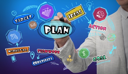 Business plan. Man pointing at virtual screen with different icons, closeup 
