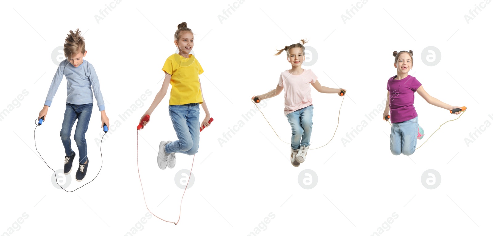 Image of Cute happy children with jumping ropes on white background, collage. Banner design