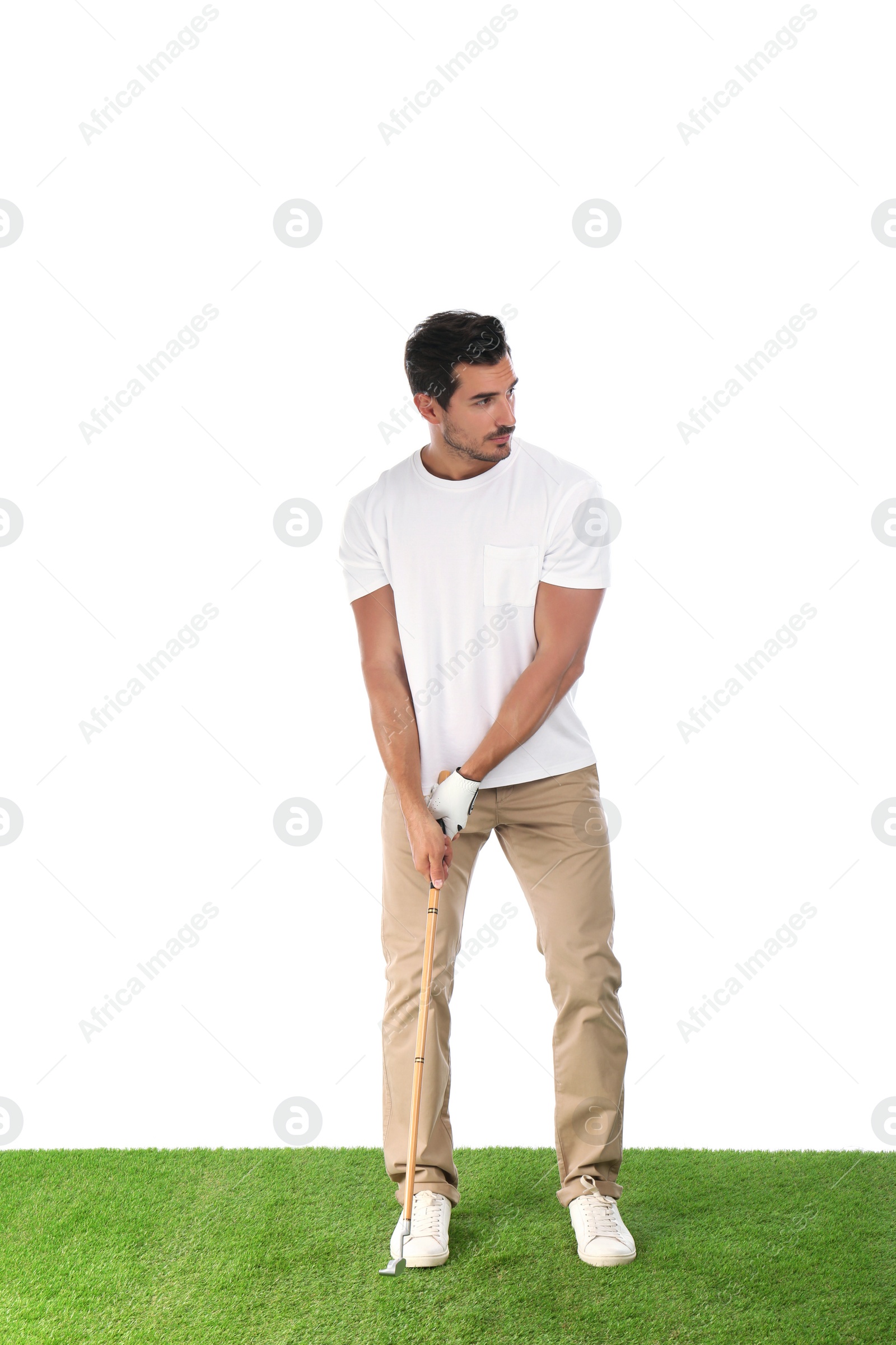 Photo of Young man playing golf on white background