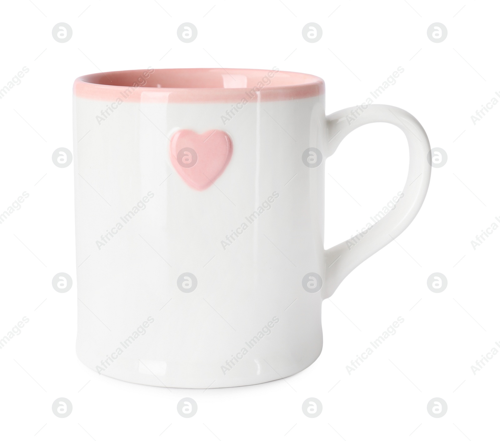 Photo of One clean ceramic cup with pink heart isolated on white