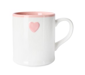 One clean ceramic cup with pink heart isolated on white