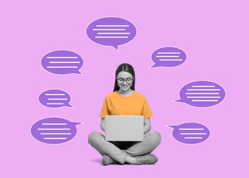 Image of Smiling woman with laptop on violet background. Dialogue bubbles around her
