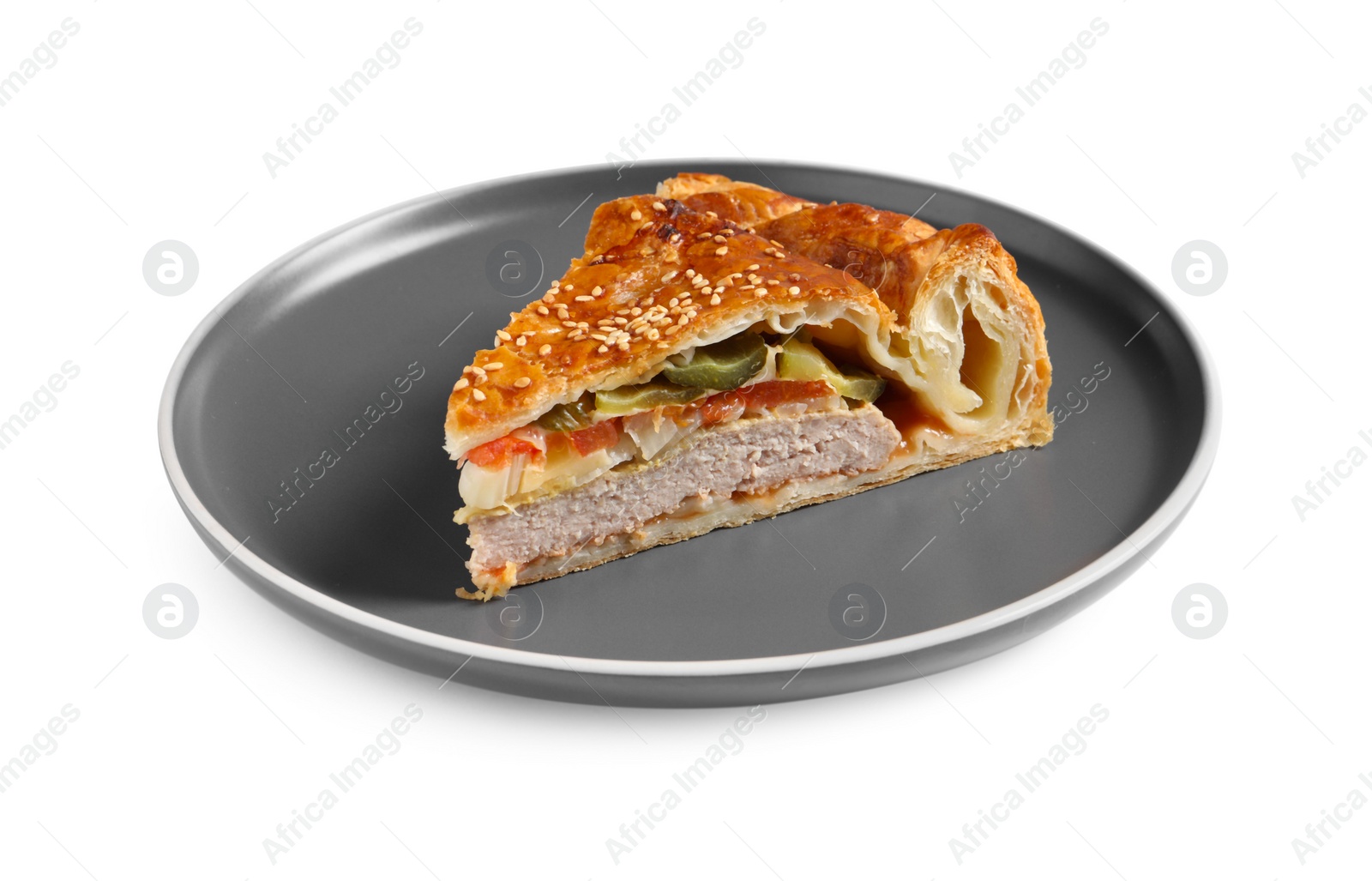 Photo of Piece of tasty homemade pie with filling isolated on white