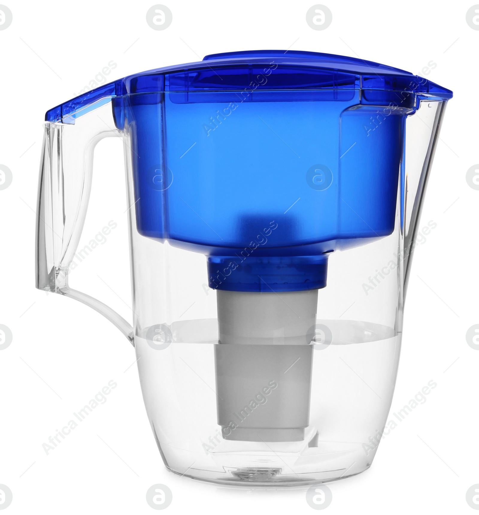 Photo of Filter jug with purified water isolated on white