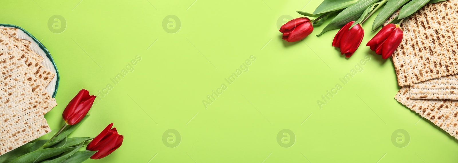 Image of Tasty matzos and flowers on green background, flat lay with space for text. Passover (Pesach) Seder