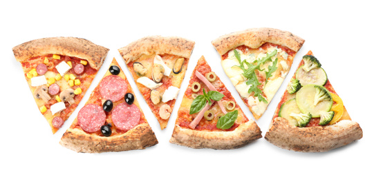 Photo of Slices of different delicious pizzas on white background, top view