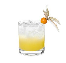 Photo of Refreshing cocktail decorated with physalis fruit on white background