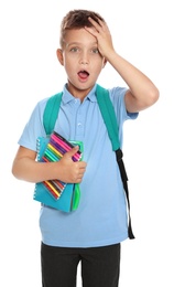 Photo of Emotional little boy in school uniform with backpack and stationery on white background