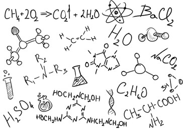 Illustration of Different chemical formulas, reactions and icons on white background