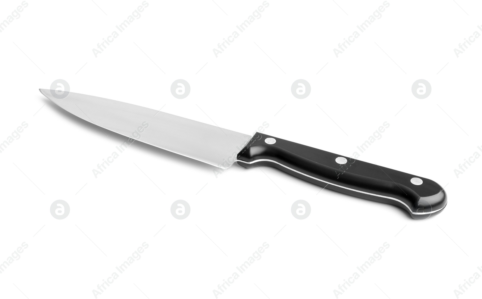 Photo of One sharp knife with black handle isolated on white