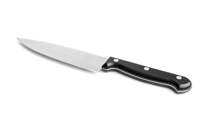 Photo of One sharp knife with black handle isolated on white