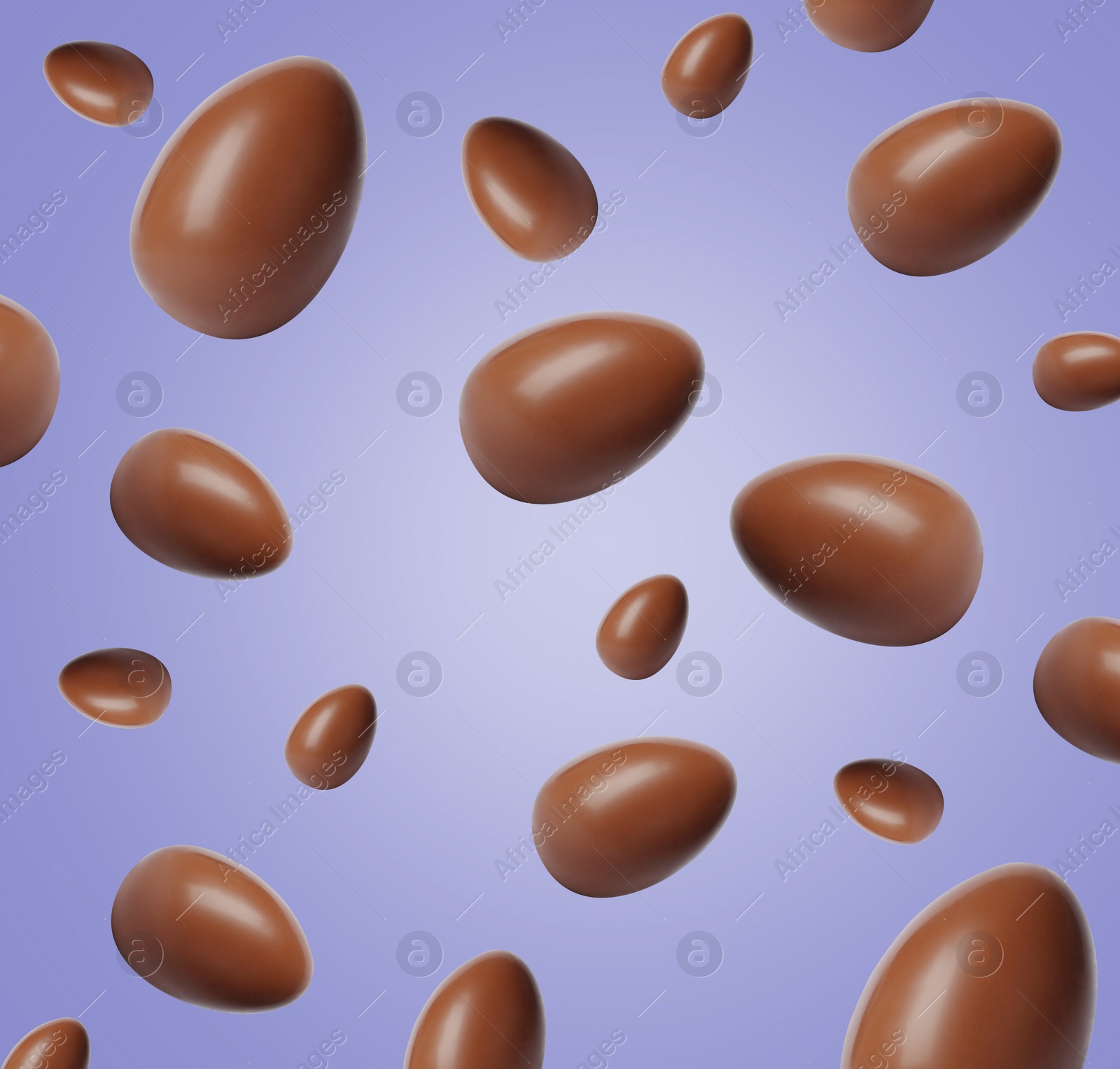 Image of Many chocolate eggs falling on pale violet background