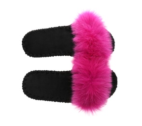 Photo of Pair of soft open toe slippers with pink fur on white background, top view