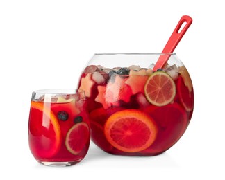 Photo of Glass and bowl of Red Sangria isolated on white