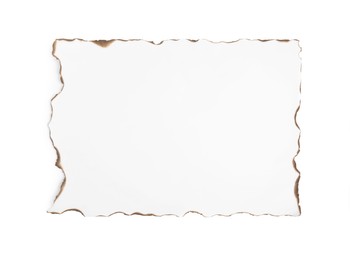 Piece of paper with dark burnt borders isolated on white, top view. Space for text