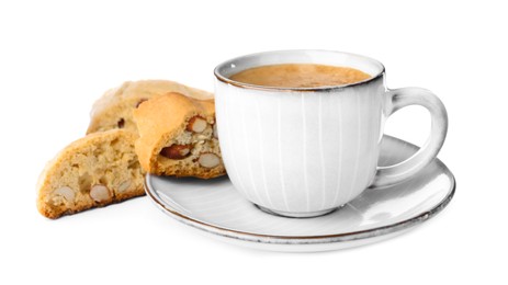 Photo of Tasty cantucci and cup of aromatic coffee on white background. Traditional Italian almond biscuits