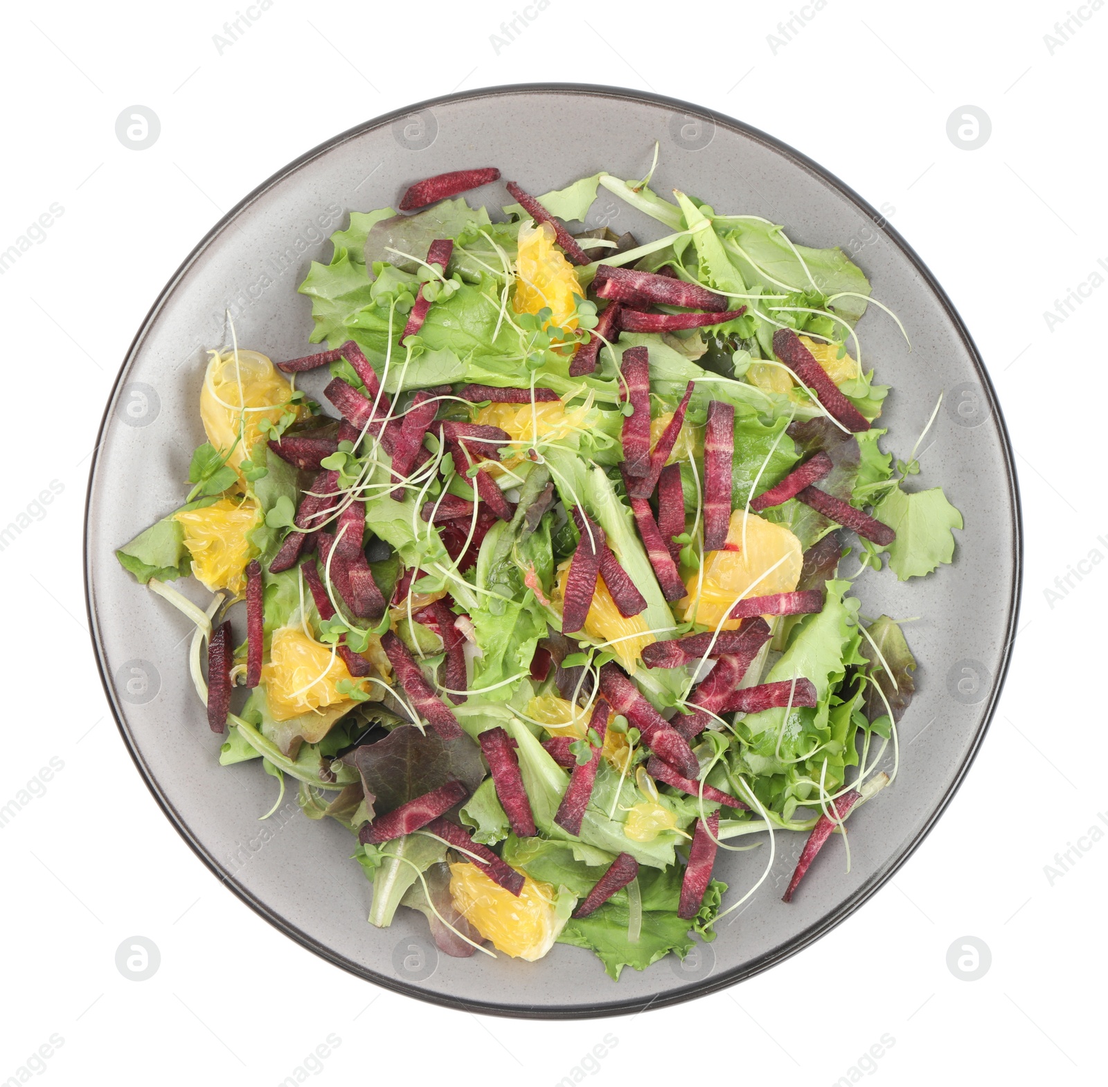 Photo of Delicious carrot salad with orange isolated on white, top view