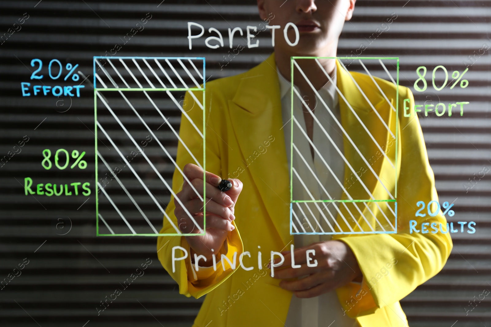 Photo of Woman writing 80/20 rule representation on glass board in office, closeup. Pareto principle concept