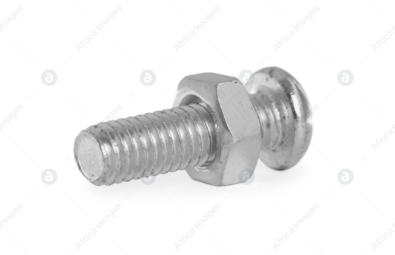 Photo of Metal bolt with hex nut isolated on white