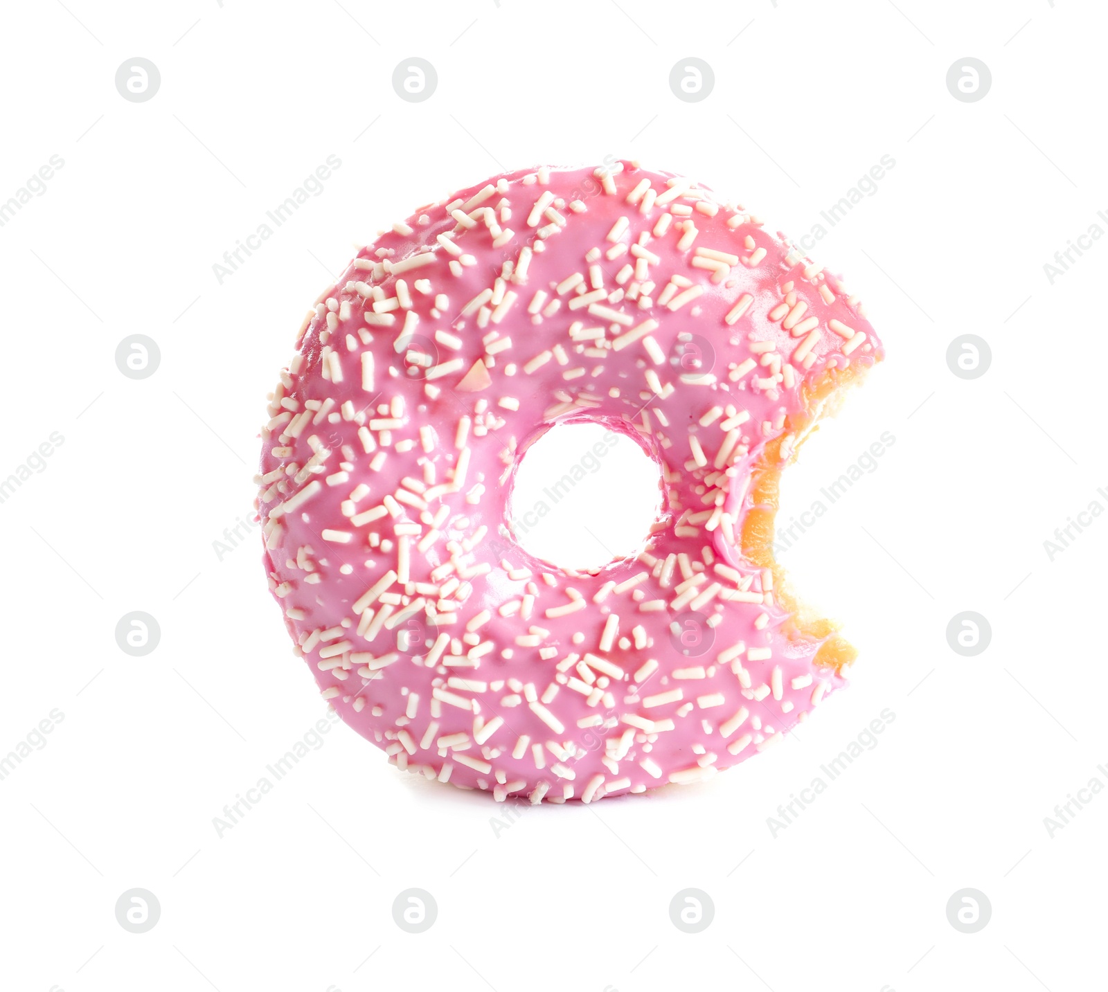 Photo of Delicious bitten doughnut with sprinkles on white background