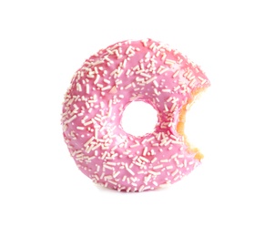 Photo of Delicious bitten doughnut with sprinkles on white background