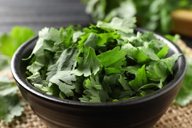 Photo of Cut fresh green cilantro in bowl, closeup