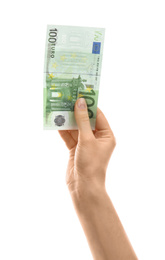 Photo of Woman with euro banknote on white background, closeup. Money and finance