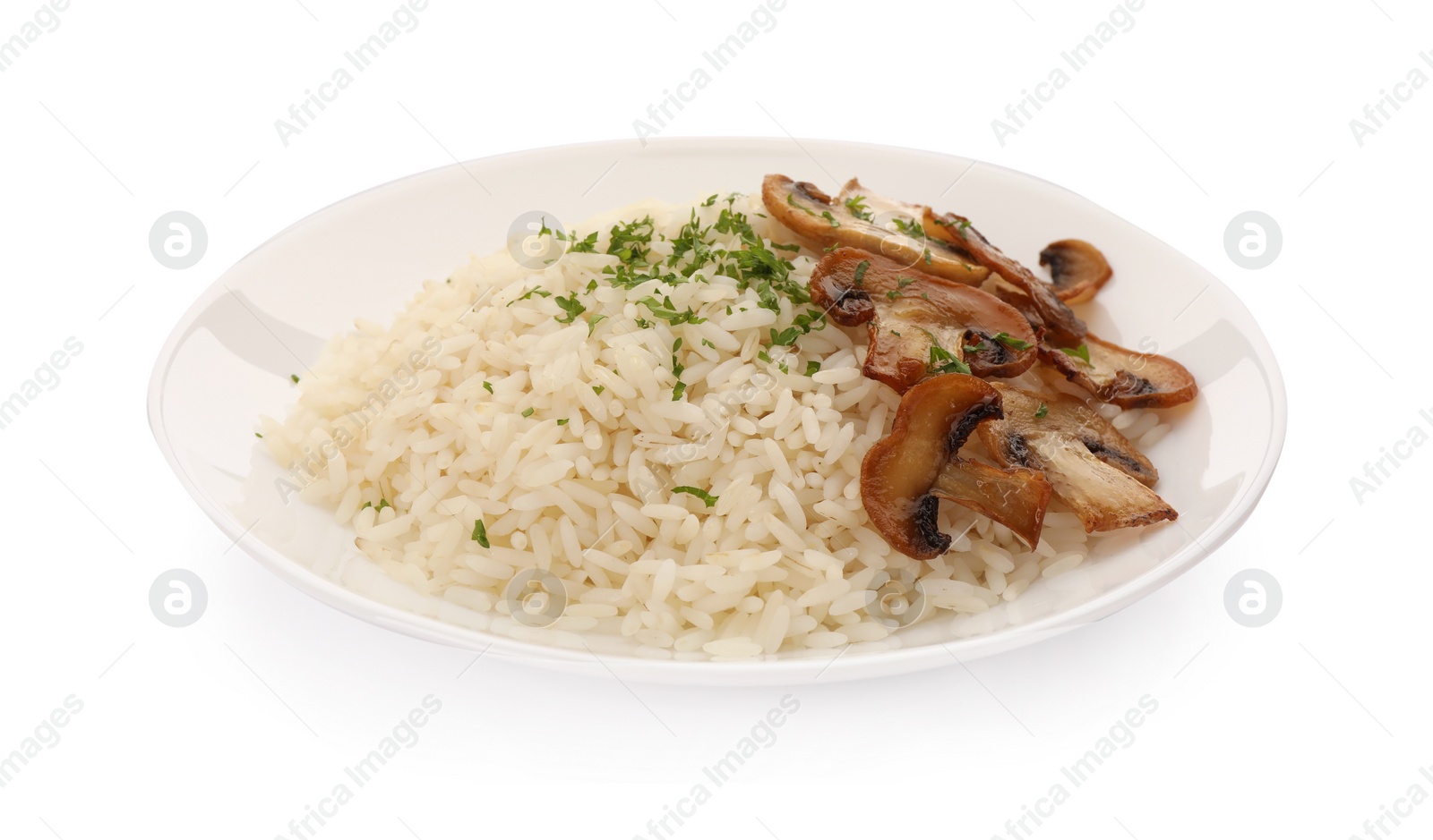 Photo of Delicious rice with parsley and mushrooms isolated on white