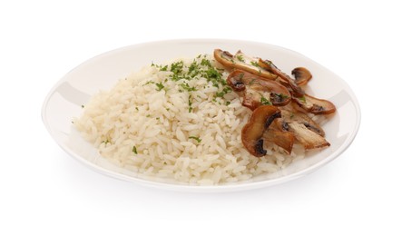 Delicious rice with parsley and mushrooms isolated on white