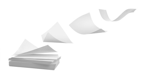 Image of Blank sheets of paper flying on white background. Banner design 