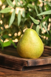 Photo of Fresh ripe pear on wooden board against blurred background