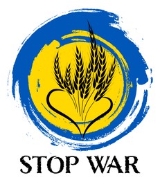 Stop war in Ukraine. Brushstrokes in colors of Ukrainian flag, ears of wheat illustration and phrase on white background