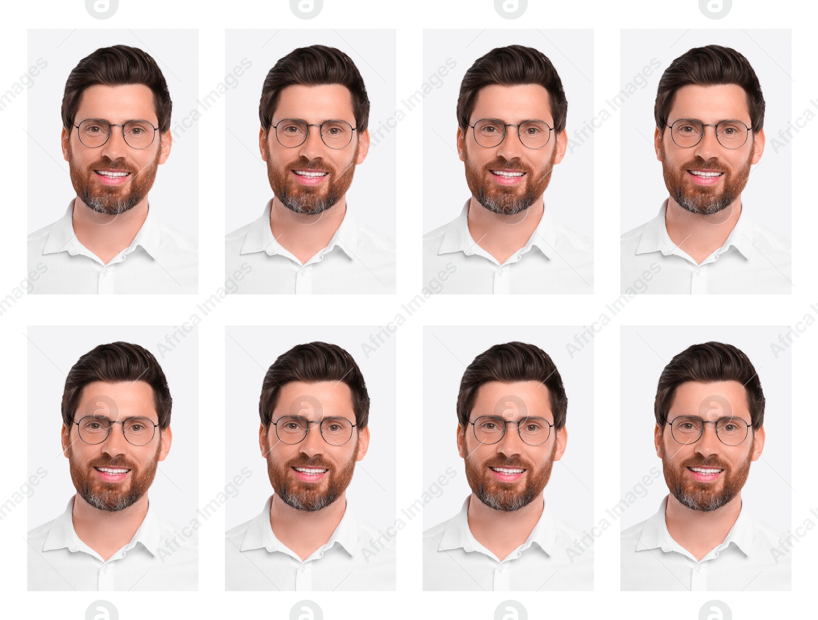 Image of Passport photo, collage. Man on white background, set of photos