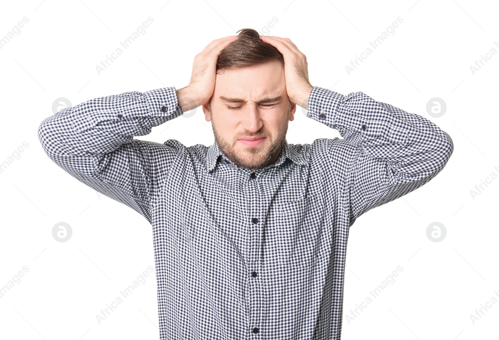 Photo of Young man suffering from headache on white background
