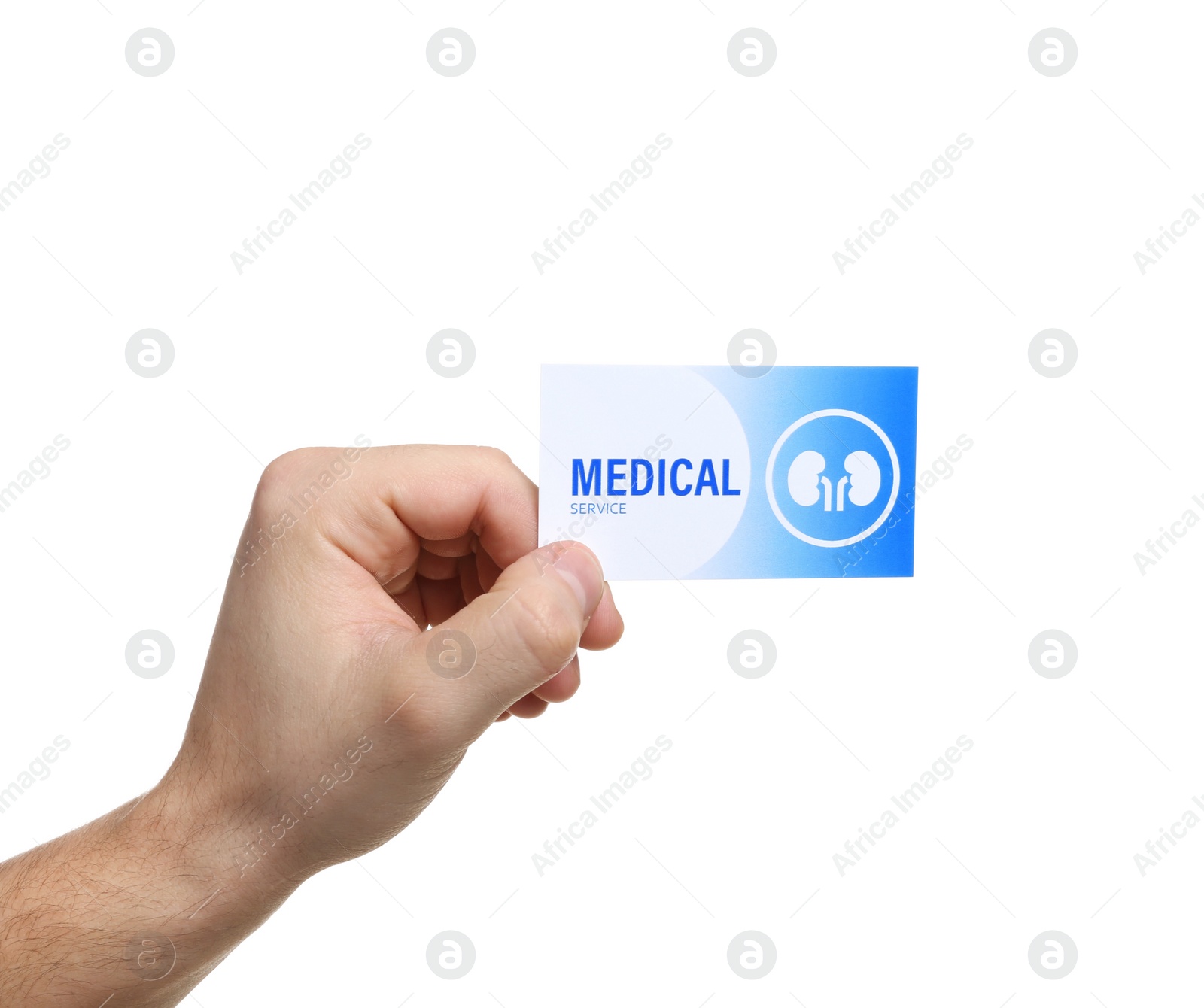 Photo of Man holding medical business card isolated on white, closeup. Nephrology service