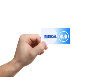 Photo of Man holding medical business card isolated on white, closeup. Nephrology service