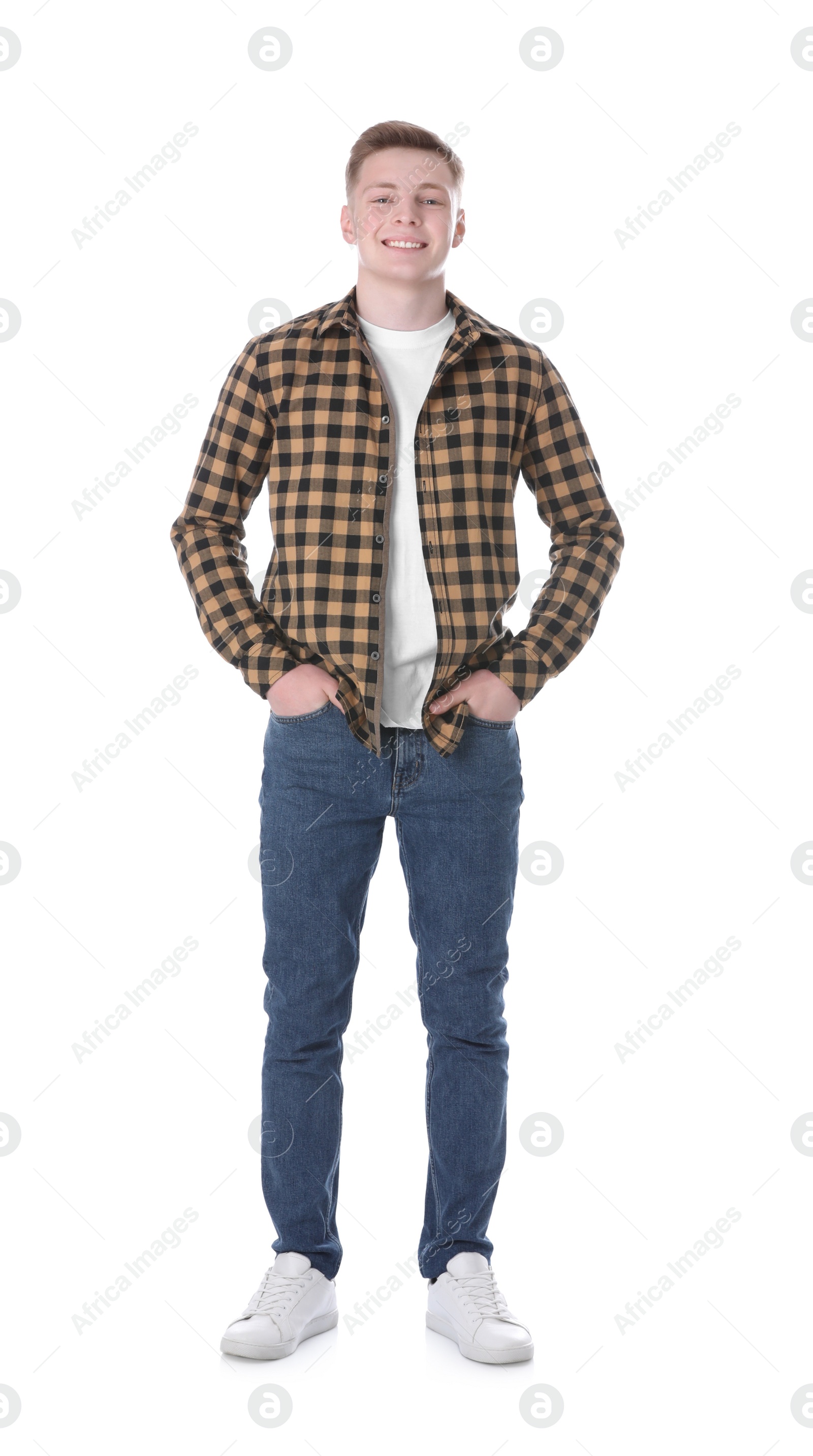 Photo of Full length portrait of teenage boy on white background