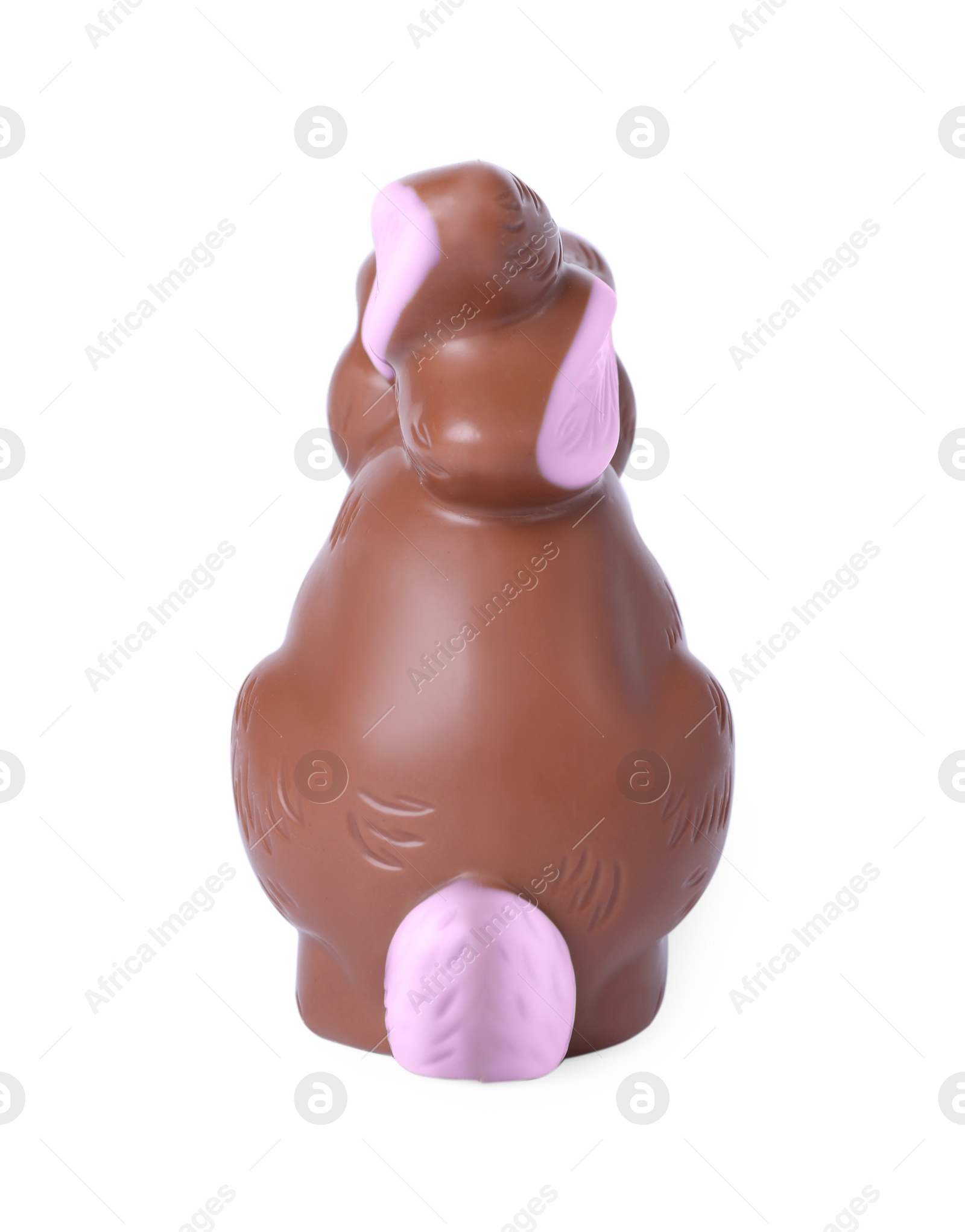 Photo of Chocolate bunny isolated on white, back view. Easter celebration