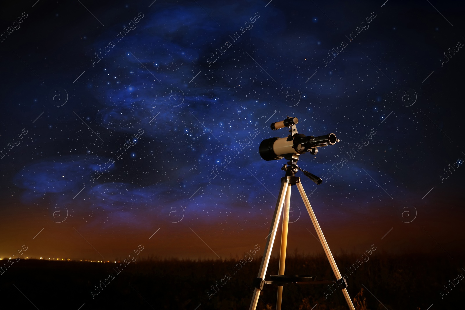 Photo of New astronomy telescope outdoors, space for text. Picturesque view of shiny stars at night