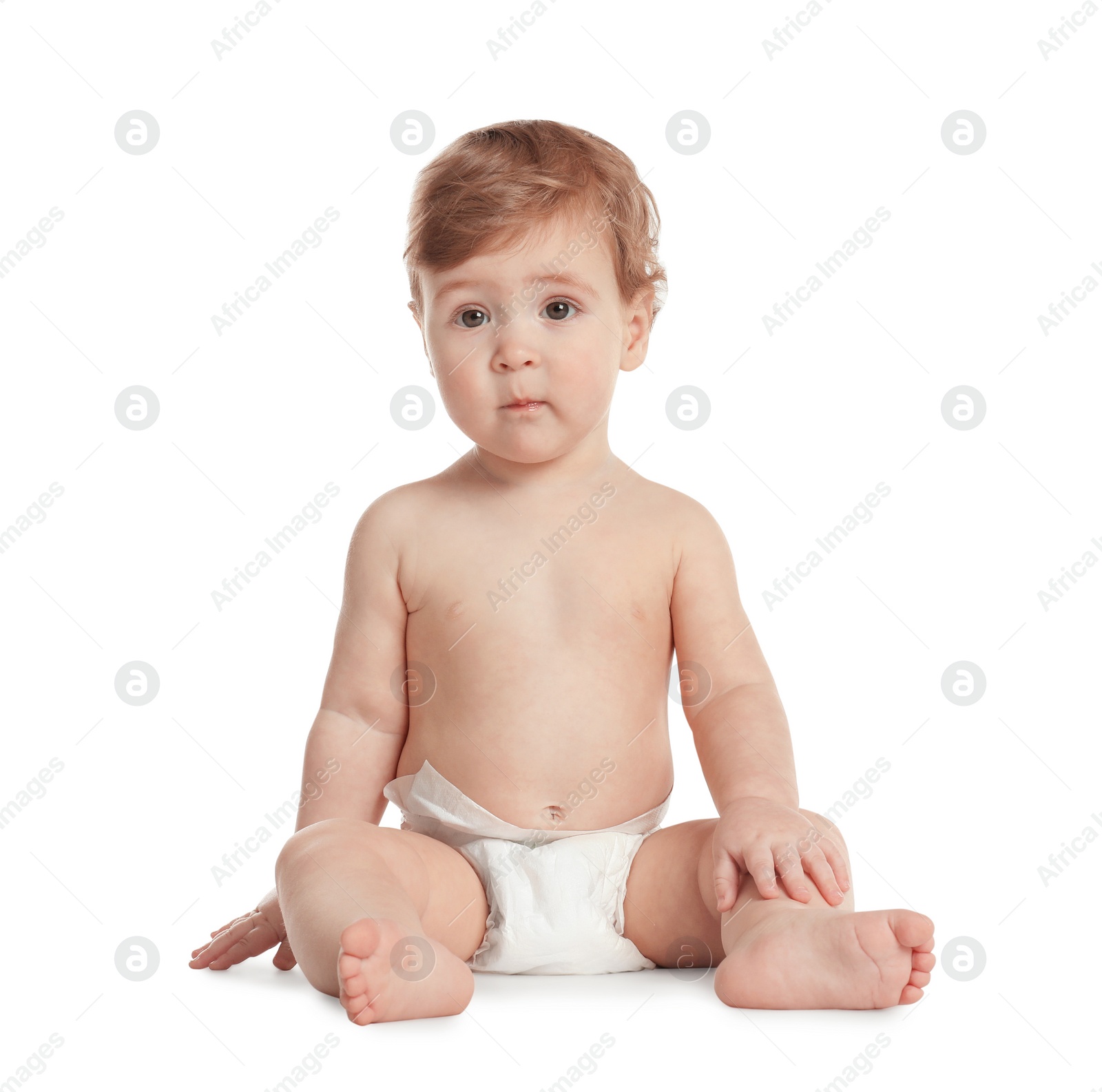 Photo of Cute little baby in diaper on white background