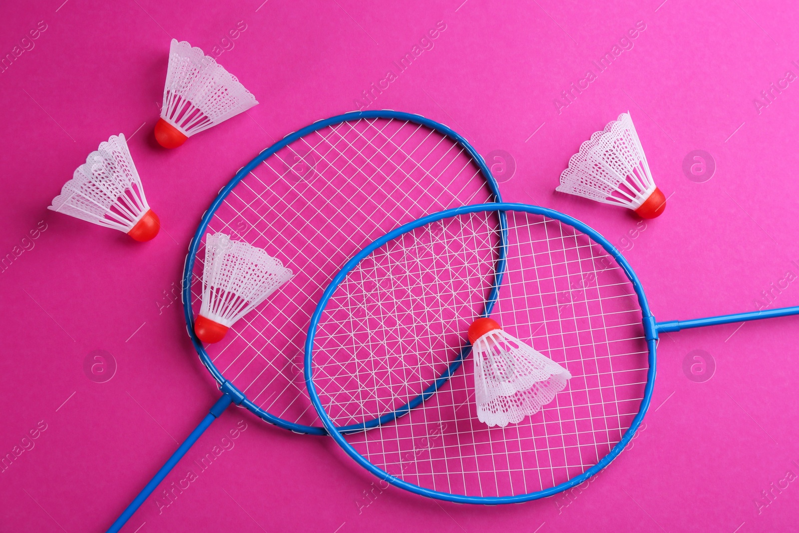 Photo of Badminton rackets and shuttlecocks on pink background, flat lay