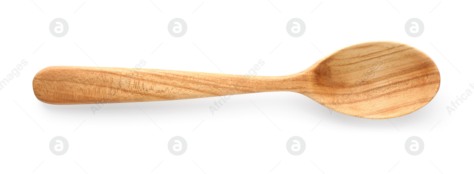 Photo of One empty wooden spoon isolated on white, top view