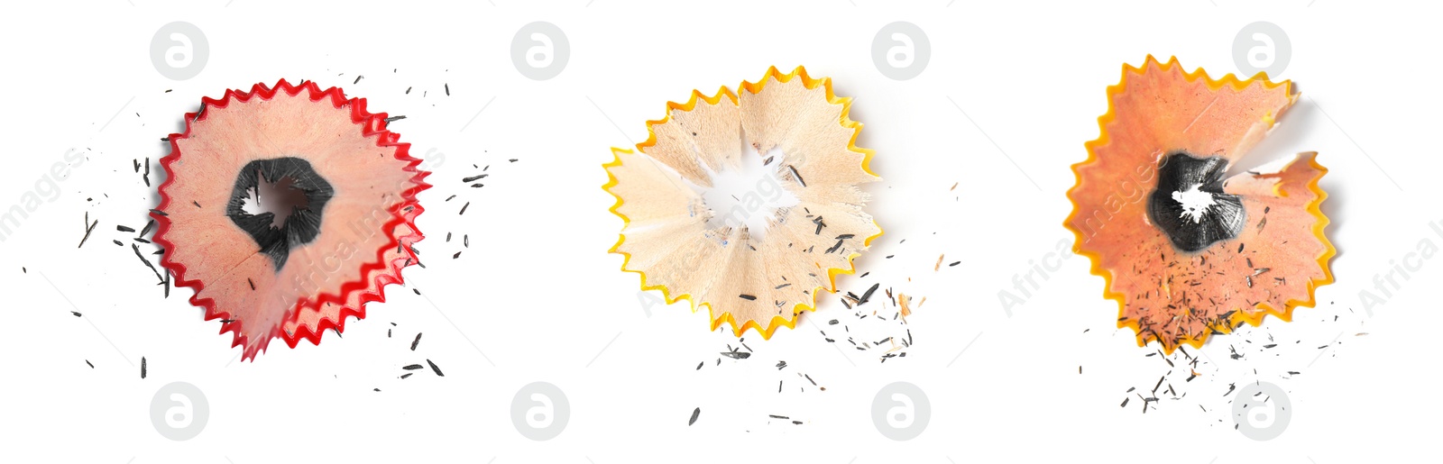 Image of Pencil shavings on white background, top view. Banner design 