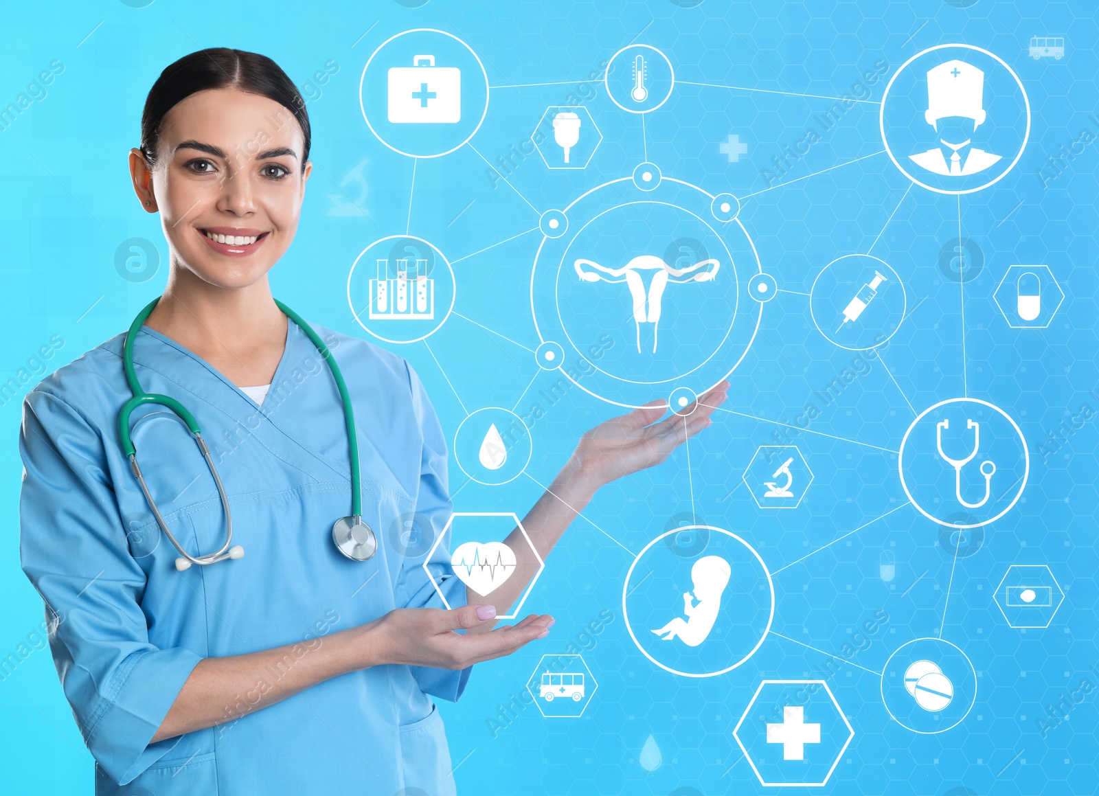 Image of Doctor pointing at different virtual icons on blue background. Reproductive medicine concept