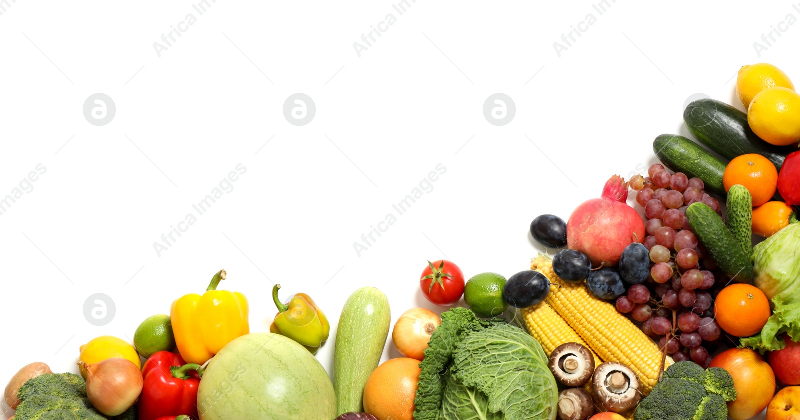 Photo of Assortment of fresh organic fruits and vegetables on white background, top view