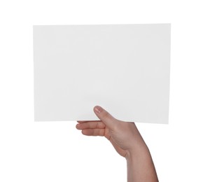 Photo of Woman holding sheet of paper on white background, closeup. Mockup for design